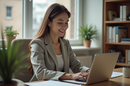 Jeune femme professionnelle souriante travaillant sur son ordinateur dans un bureau cosy