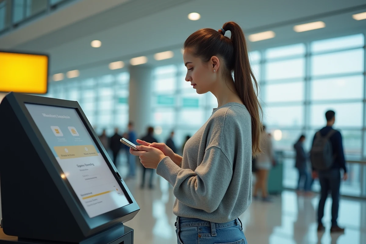 Jeune femme utilisant un kiosque d