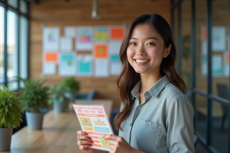 Jeune femme souriante tenant un flyer coloré dans un espace de coworking
