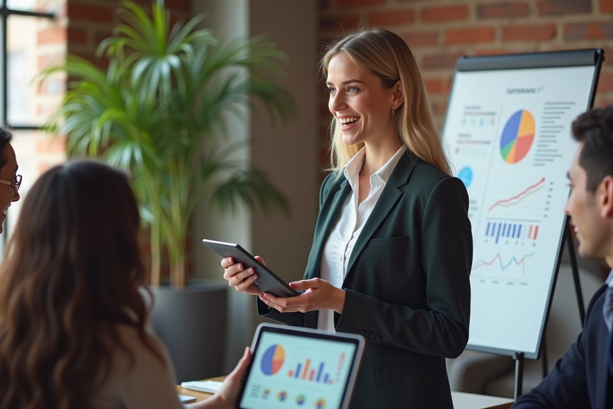 Jeune femme présentant une stratégie marketing avec tableau numérique