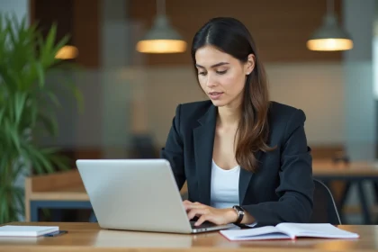 Jeune femme en bureau moderne analysant un tableau de bord ecommerce