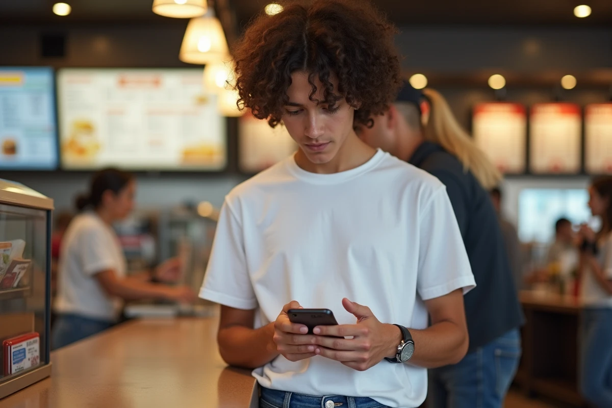 Jeune personne remplissant un formulaire d'avis BKvousecoute.fr sur mobile dans un fast-food