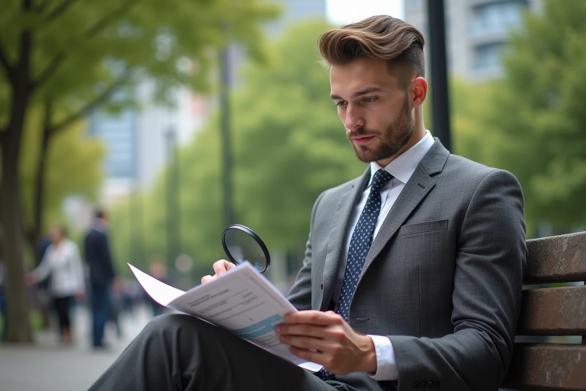 Jeune homme en costume examine une brochure financière dans un parc