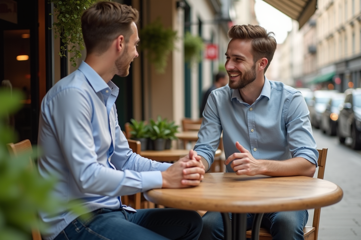 Jeune homme discutant dans un café en plein air