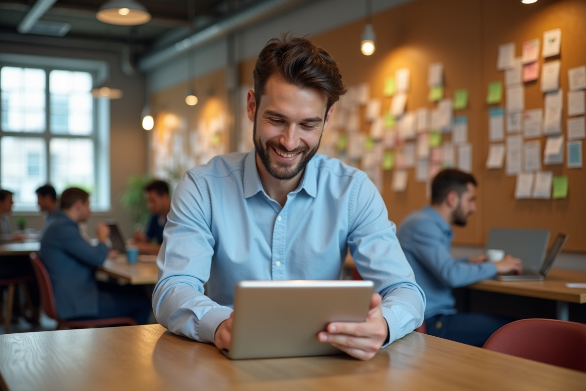 Jeune homme utilisant une tablette dans un espace coworking
