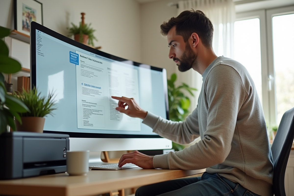 Jeune homme organisant des documents sur un ordinateur à la maison