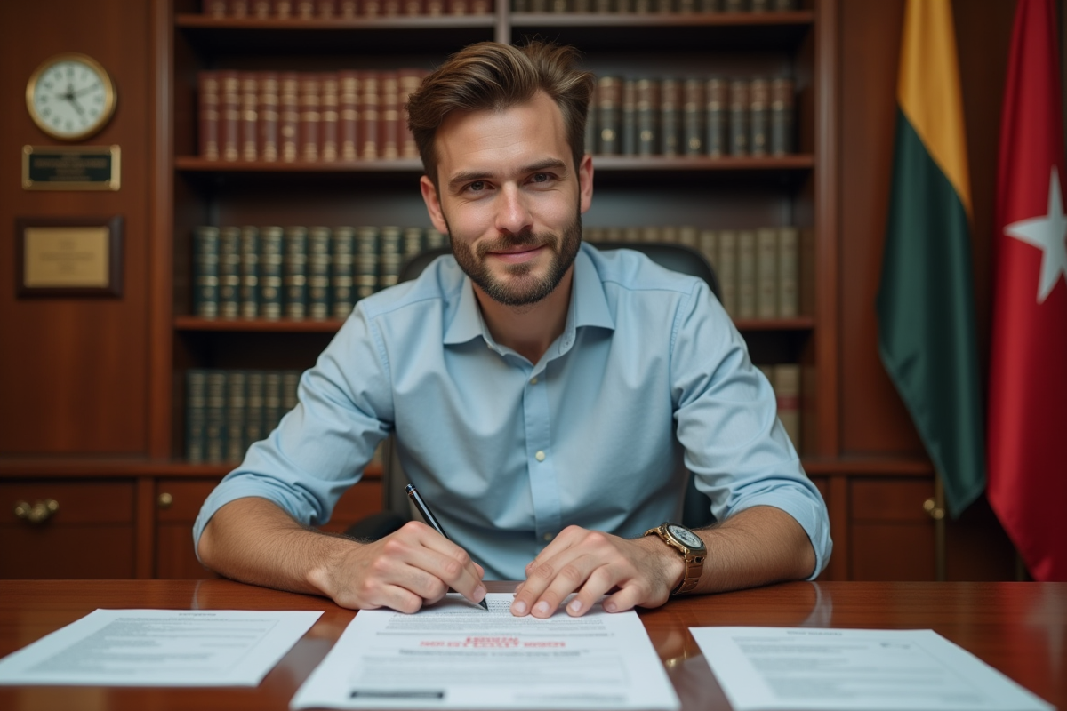 Jeune homme vérifiant un formulaire avec certificat dans un bureau officiel