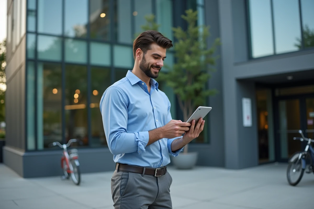 Jeune homme vérifiant des informations avec une tablette devant un bâtiment
