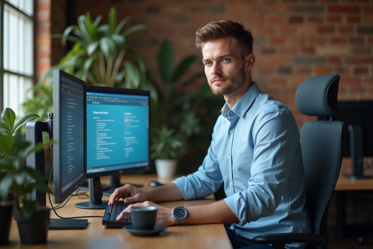 Jeune homme en configuration de sécurité informatique