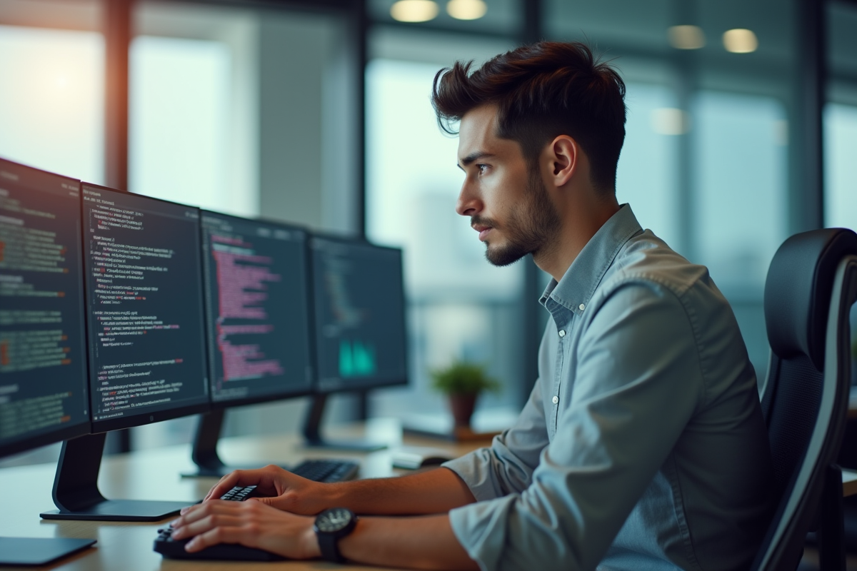 Jeune professionnel au bureau avec écran code pour article