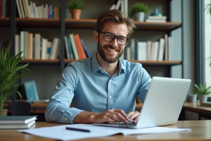 Jeune chercheur souriant à son bureau universitaire