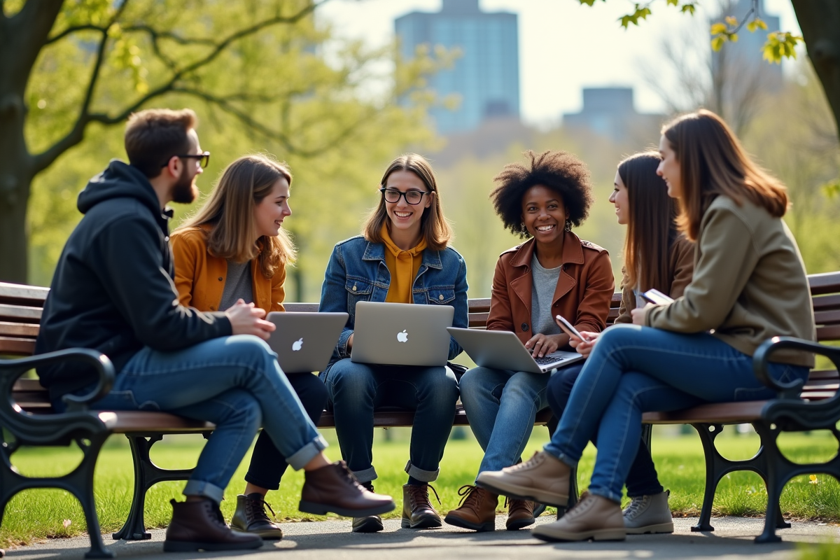 Jeunes adultes discutent dans un parc de Montréal