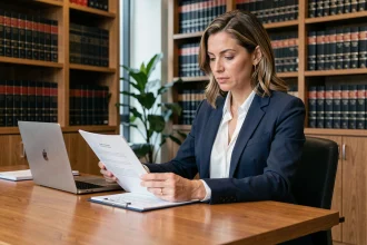 Juriste professionnelle analysant des documents de droit des sociétés dans un bureau moderne