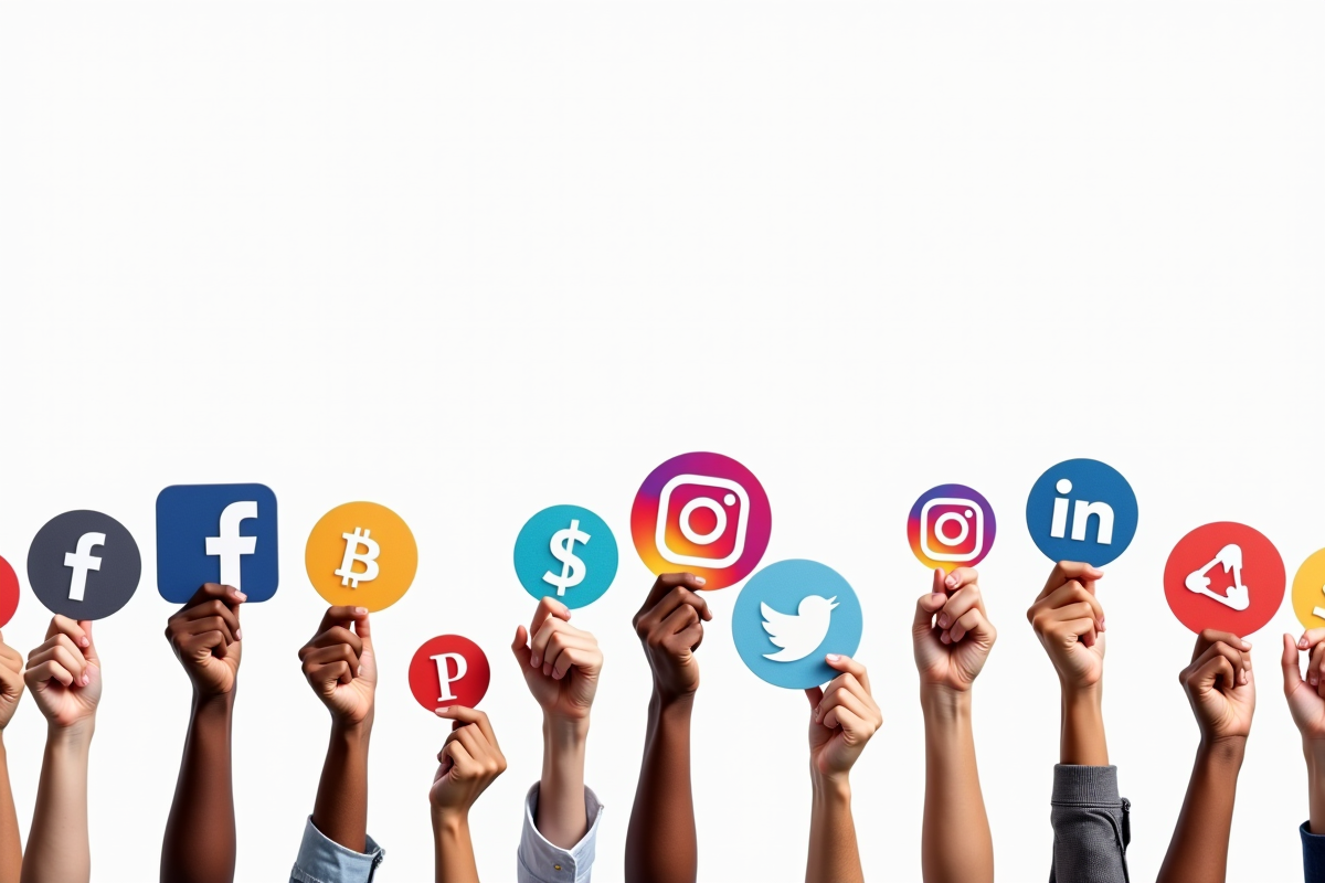 Mains diverses tenant des icônes de réseaux sociaux en suspension