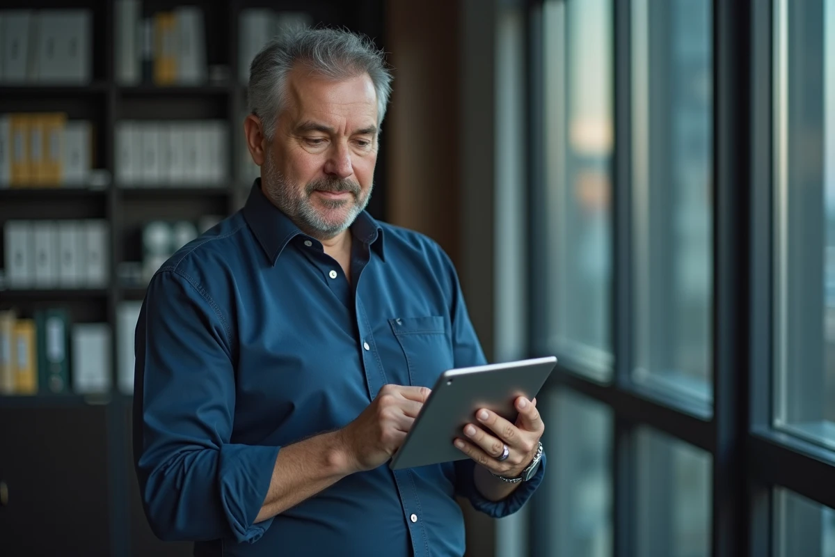 Manager RH debout consultant une interface de gestion documentaire sur tablette dans un bureau vitré