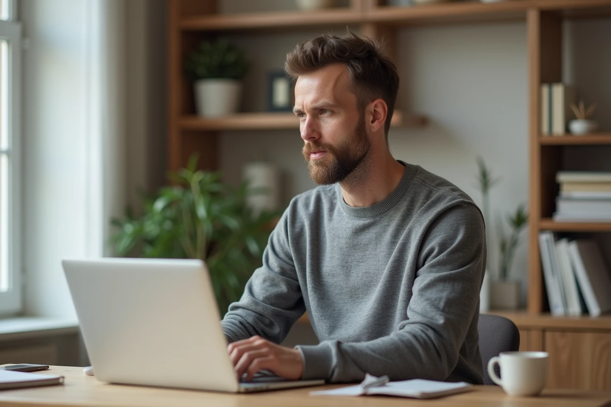 Manager masculin en télétravail participant à une visioconférence depuis son bureau à domicile bien organisé