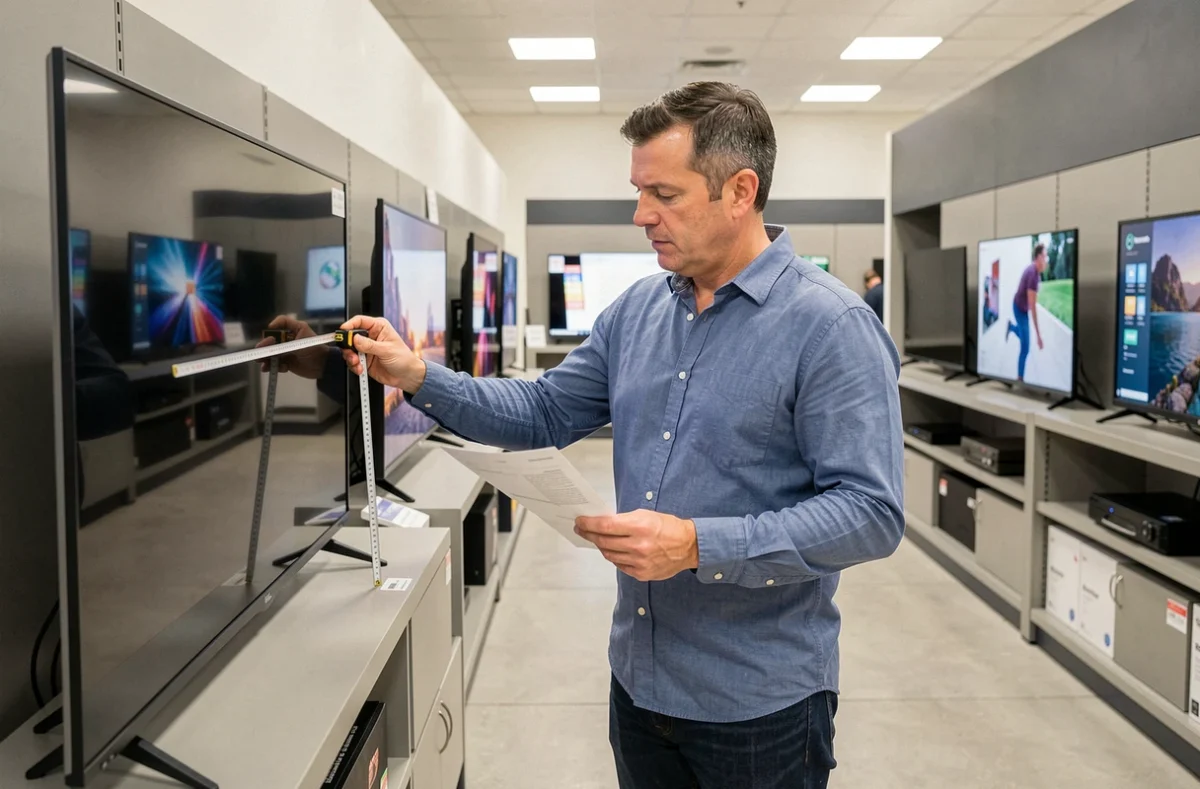Homme mesurant la diagonale d'un téléviseur en pouces dans un magasin d'électronique pour comparer les tailles d'écran