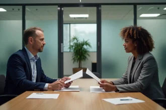 Négociation d'une rupture conventionnelle CDI entre un employé et un responsable RH autour d'une table de réunion en entreprise