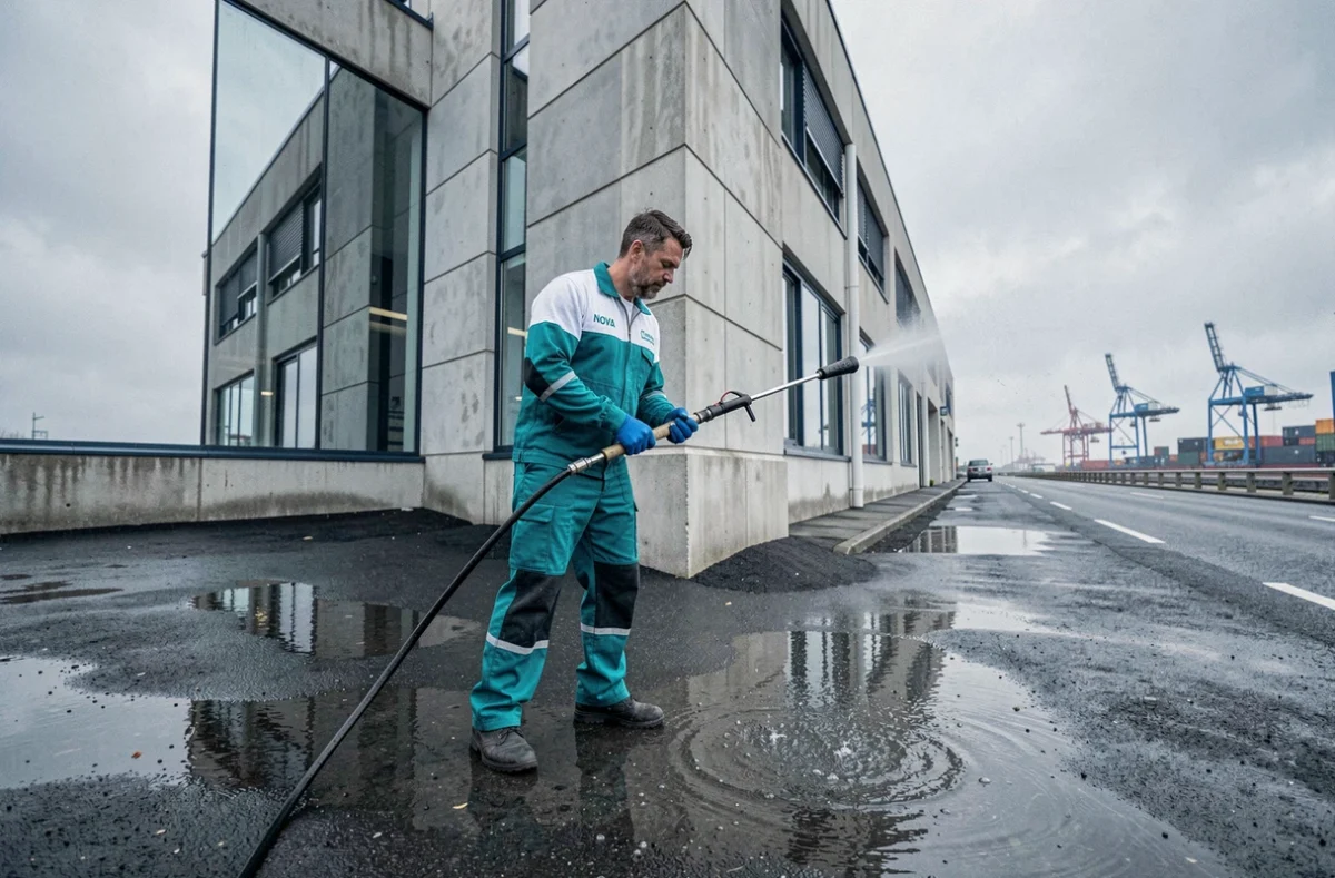 Agent de Nova Clean effectuant un nettoyage haute pression sur une façade commerciale à Marck