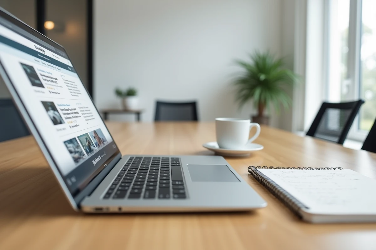 Ordinateur portable affichant le wiki Stellantis sur une table de réunion avec un cahier de notes et un café pour suivre l'actualité du groupe