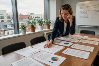 Responsable d'une organisation à but non lucratif analysant des documents d'évaluation d'impact social sur une table de conférence