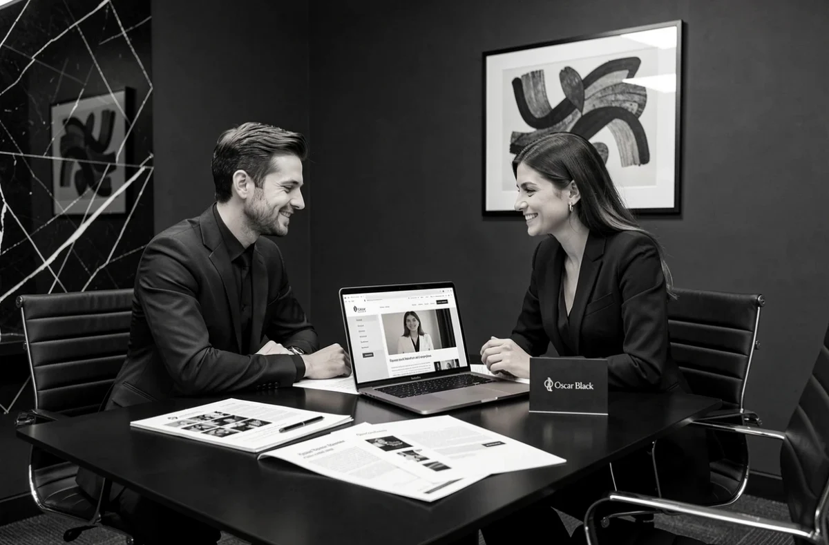 Équipe de l'agence Oscar Black en réunion de stratégie SEO dans un environnement premium