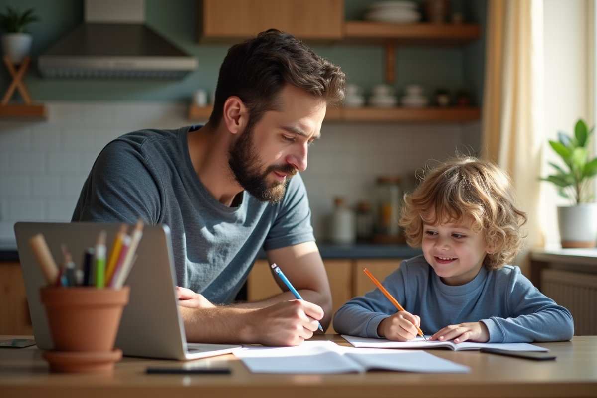Père travaillant à la maison avec son enfant faisant ses devoirs