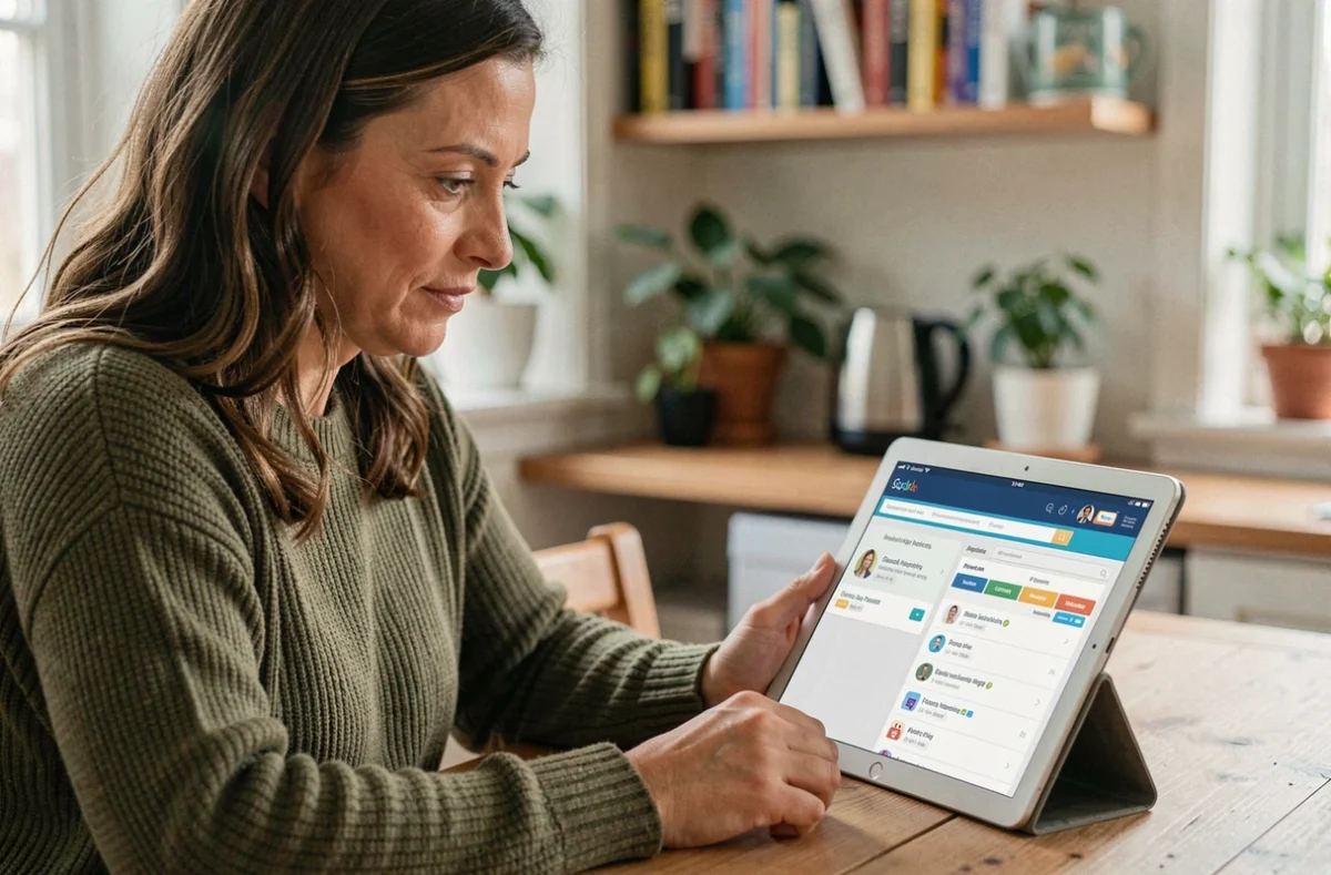 Mère de famille consultant le portail intranet de la MFR depuis son domicile sur une tablette