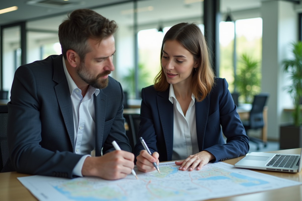 Femme manager planifiant avec collègue dans un bureau lumineux