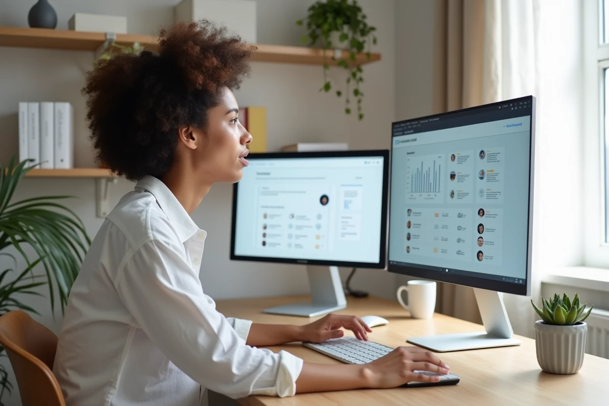 Jeune femme consultant une plateforme d'experts en ligne depuis son bureau à domicile, comparant les services de conseil digital