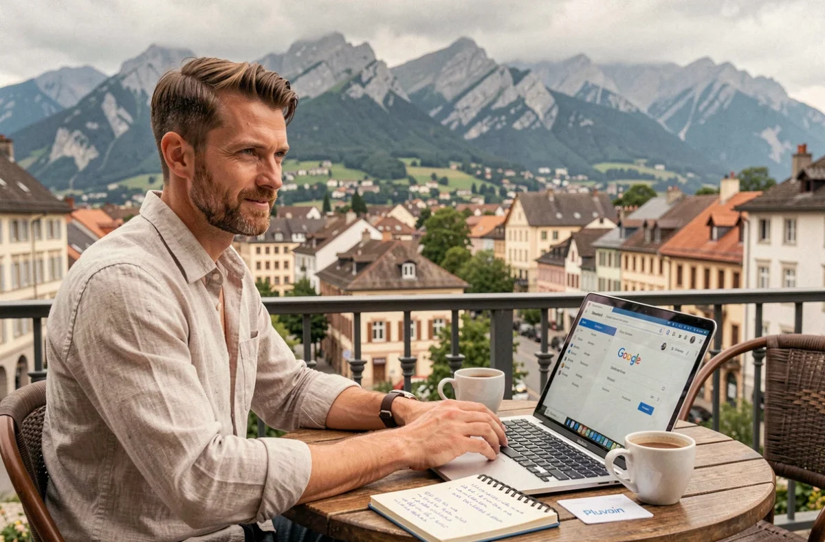 Consultant de l'agence Pluvian analysant des données SEO en terrasse avec vue sur Grenoble