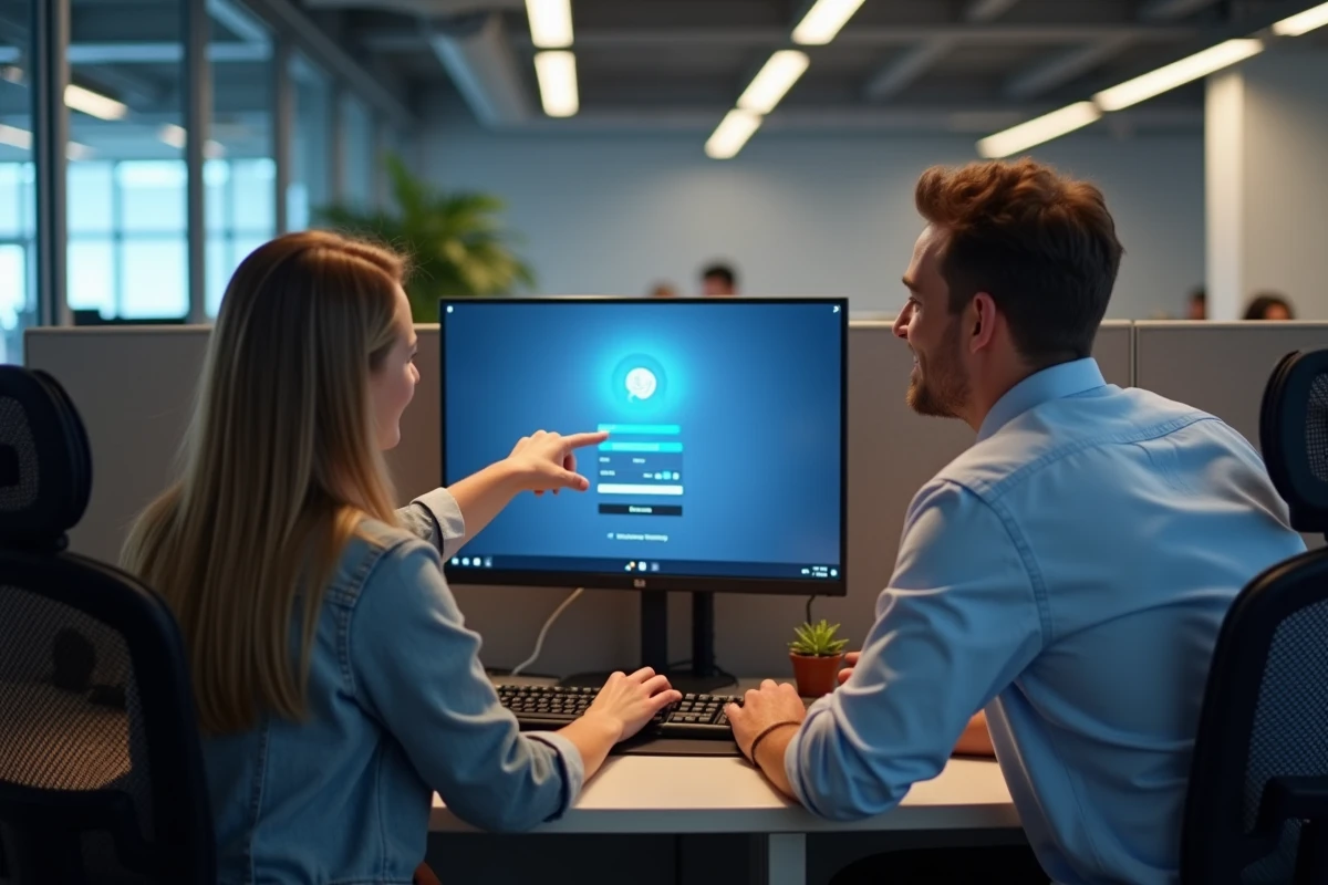 Deux collègues découvrant ensemble la première connexion sur la plateforme Profession Jeux FDJ au bureau
