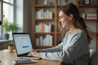 Femme souriante se connectant pour la première fois sur un site de jeux en ligne depuis son bureau à domicile