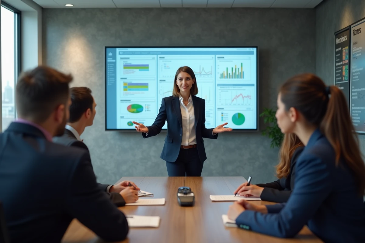Femme présentant des tableaux de bord d