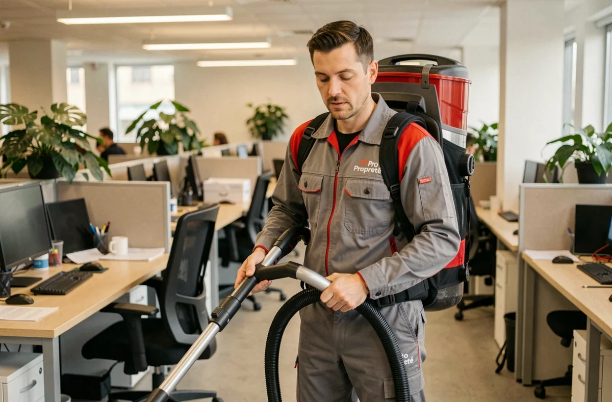 Opérateur de Pro Propreté aspirant les sols d'un open space professionnel avec un aspirateur à dos