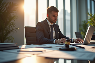 Professionnel d'affaires examinant des documents juridiques dans un bureau