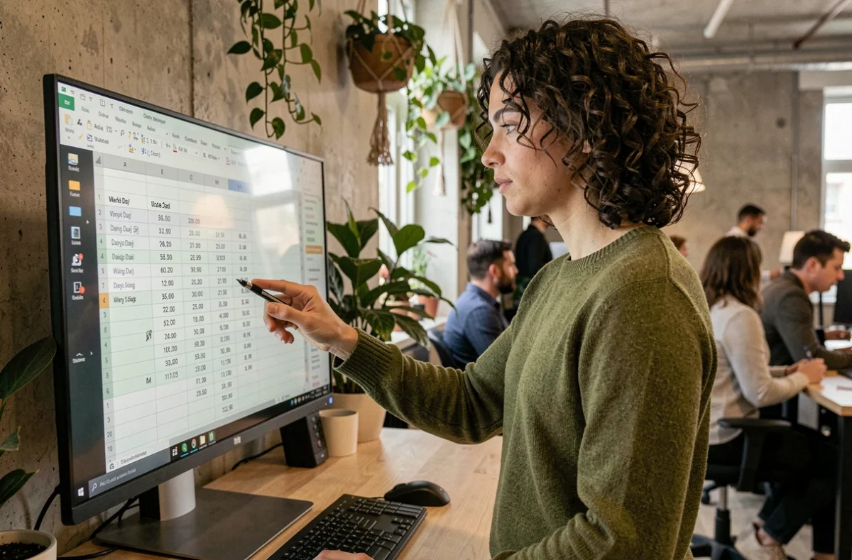 Jeune professionnel consultant un tableau de calcul des jours travaillés sur un grand écran dans un espace de coworking