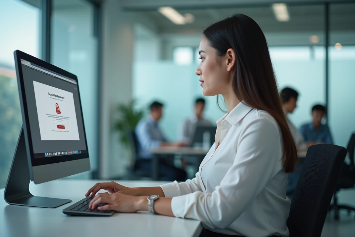 Professionnelle en bureau accédant à la récupération de compte sur le portail MyPeopleDoc