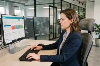 Professionnelle utilisant le logiciel ELGEAWEB sur un poste de travail moderne en 2026