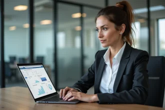 Professionnelle analysant les performances de son espace affilié Sécuritest sur un ordinateur portable dans un bureau moderne