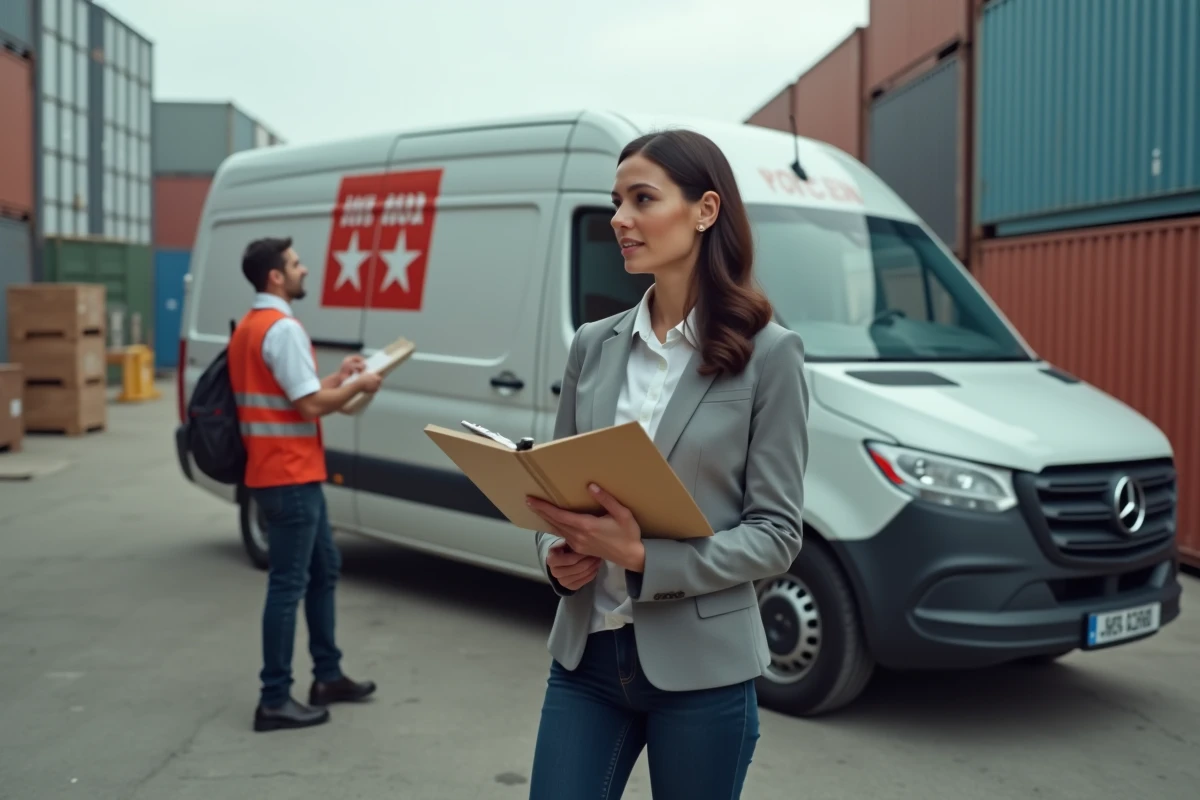 Femme professionnelle discute avec livreur dans un entrepôt