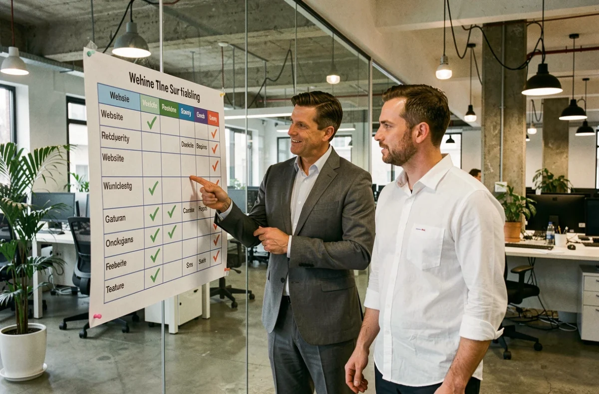 Deux professionnels analysant un tableau comparatif de sites business dans un espace de coworking