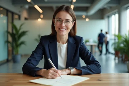 Femme professionnelle rédigeant une invitation formelle à un bureau moderne, structurant l'objet et le contenu d'un événement d'entreprise