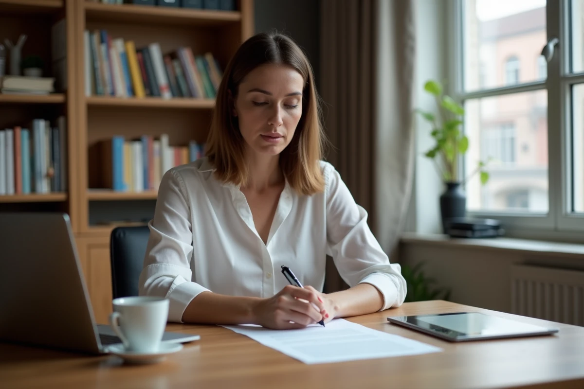 Femme rédigeant ou relisant une lettre de rupture conventionnelle CDI à son bureau à domicile lors d'une période de crise
