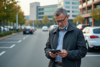 Représentant commercial avec tablette devant sa voiture