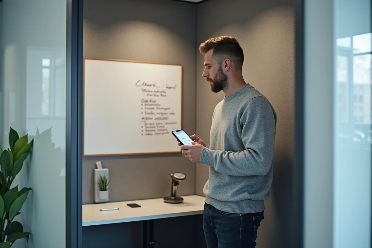Entrepreneur masculin réservant un bureau au foyer entrepreneurial depuis son smartphone avec confirmation de tarif préférentiel