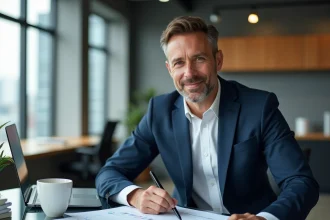 Responsable commercial en costume marine analysant des leads B2B sur un tableau de bord CRM dans un bureau moderne vitré