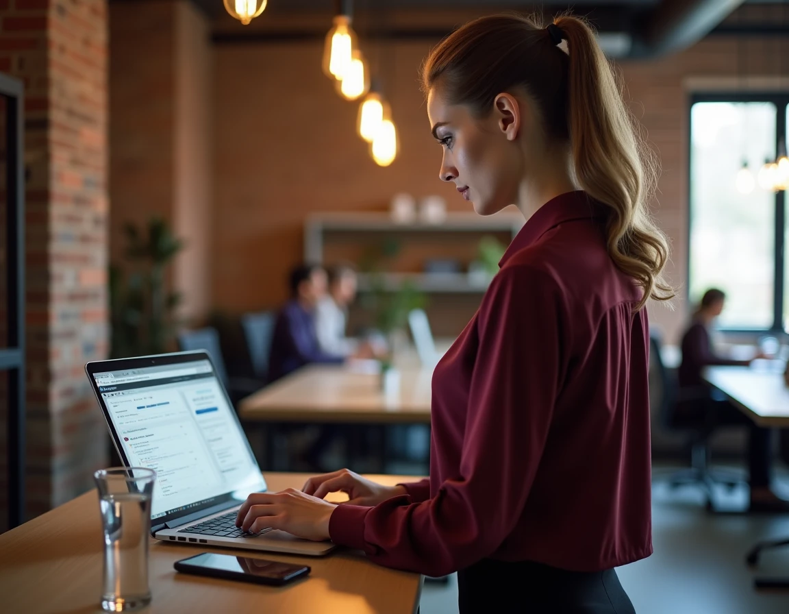 Responsable commerciale utilisant une plateforme B2B en ligne pour convertir des leads en contrats dans un espace de coworking