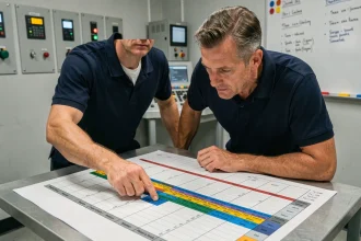 Responsable d'équipe analysant un planning poste 5x8 imprimé sur un bureau industriel