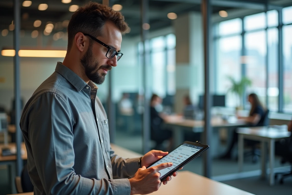 Responsable informatique municipal utilisant une tablette pour passer des commandes sur la boutique en ligne Berger Levrault dans un espace de travail moderne